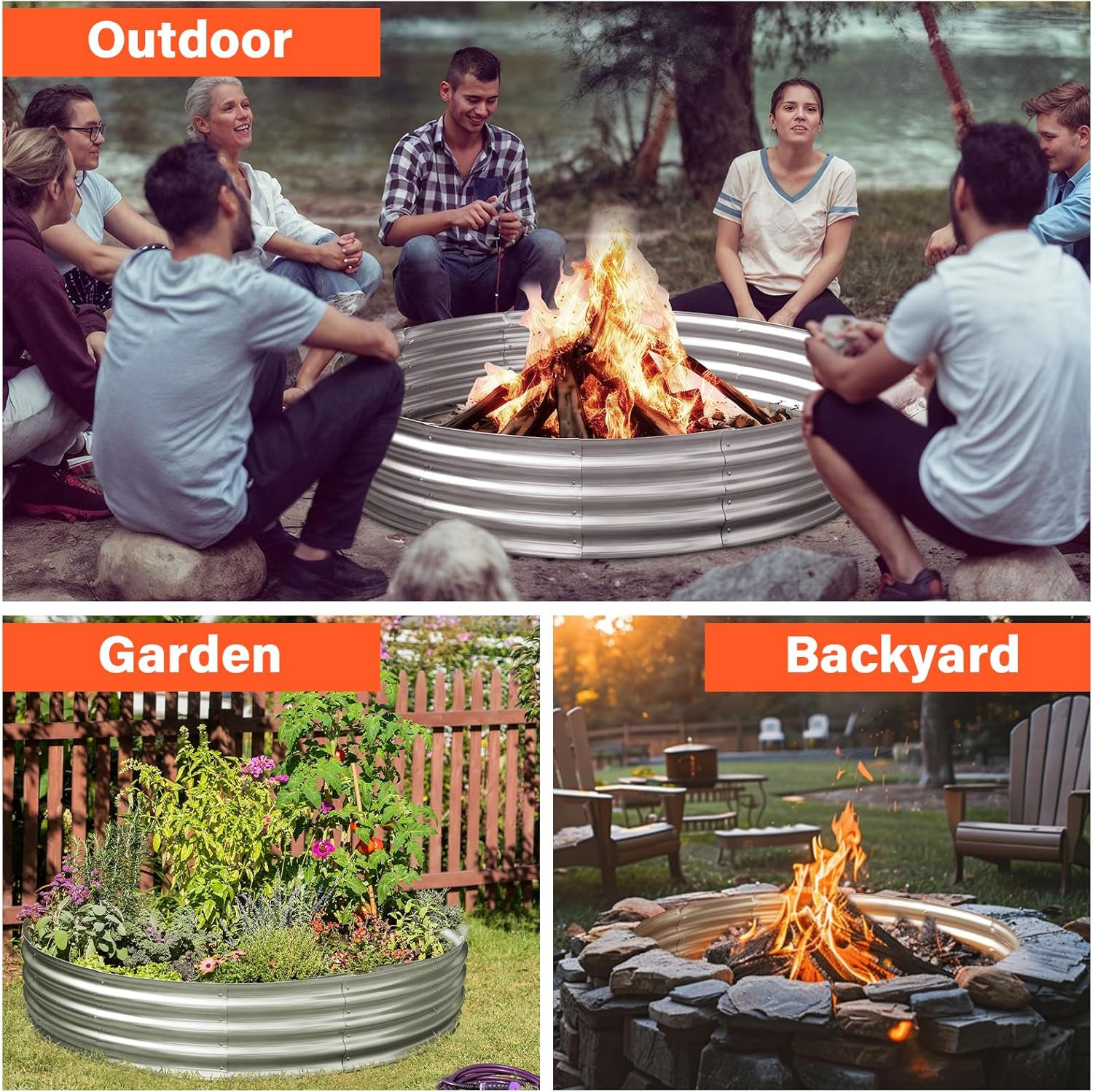 HGD 60 Inch Large Galvanized Steel Metal Fire Pit Ring - 5FT Heavy Duty Fire Rings for Outside Wood Burning - 12" Tall Portable Bonfire Firepit for Backyard, Patio, Camping-VerdiqueGarden