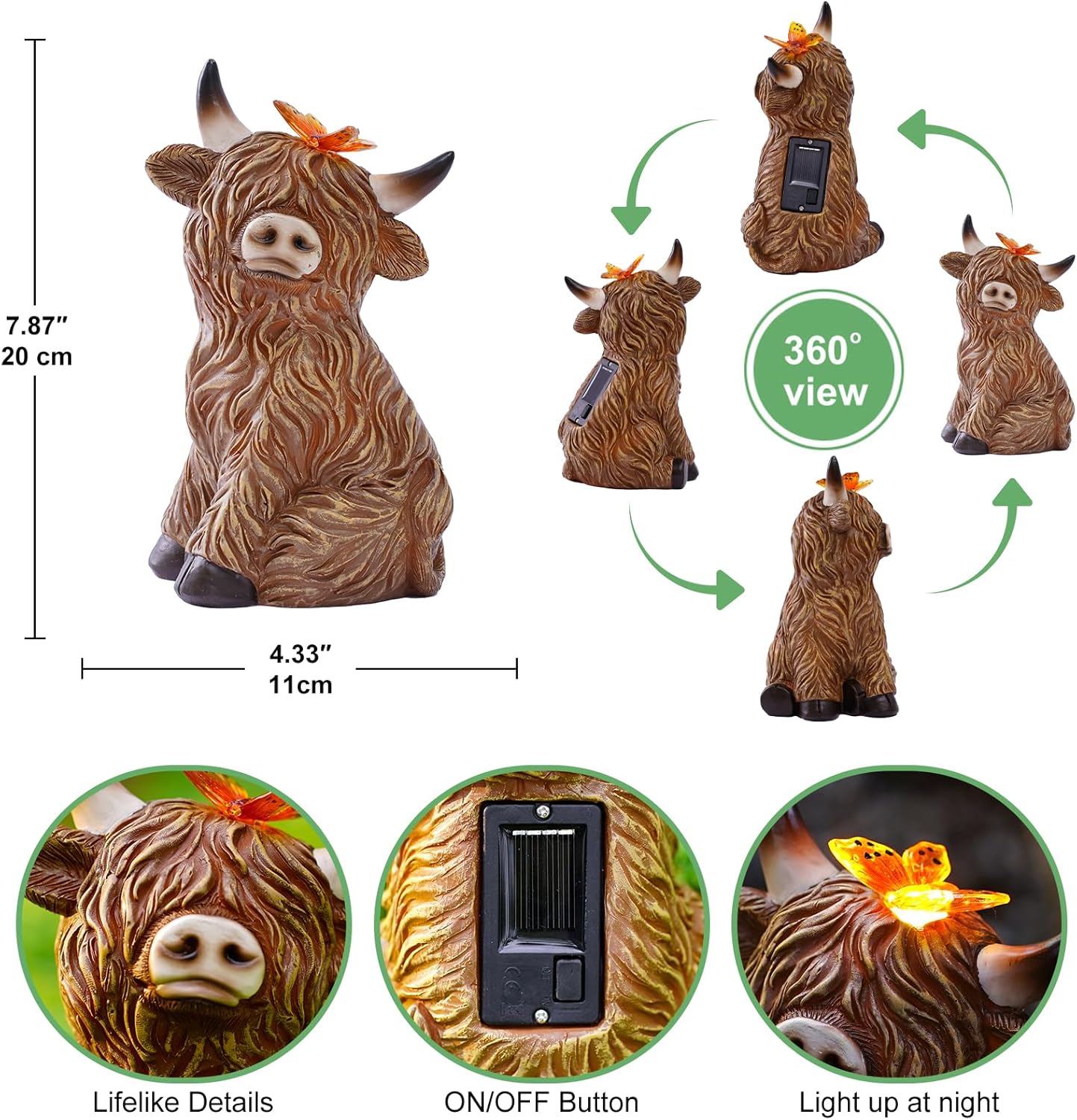 Solar Garden Statue Highland Cow Figurine – Outdoor Decoration with Butterfly for Garden Yard Lawn Home Decor Outside : Unique Gifts for Mom Grandma-VerdiqueGarden
