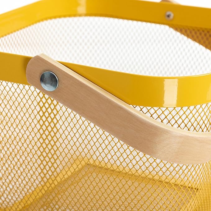 Metal Mesh Steel Basket, Storage Organizer Basket Multi-functional Hanging Kitchen Baskets Fruit Baskets with Wooden Handle for Kitchen Bathroom Picnic Shopping Decor Cabinet Home, Yellow-VerdiqueGarden