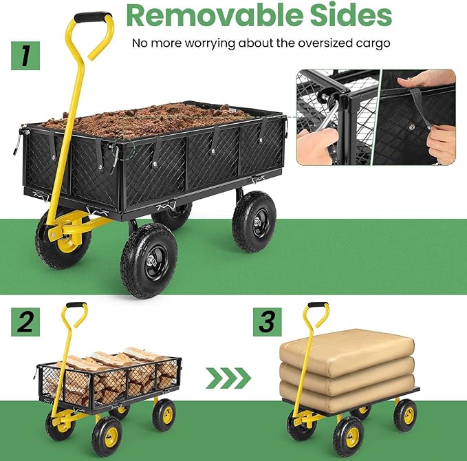 Homdox MAX 880 Lbs Garden Cart, Heavy Duty Foldable Mesh Steel Garden Wagon with 180° Rotating Handle and 10 Inch Tires, Pullable Yard Cart for Yard Garden Beach Farm, Yellow with Bag-VerdiqueGarden