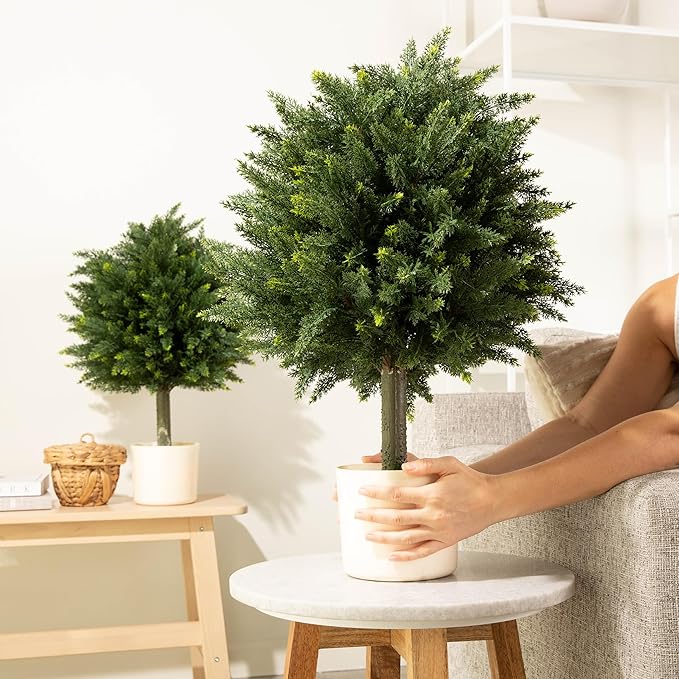 Premium 16" Diameter Artificial Cypress Topiary – Set of 2 Faux Plants in Beige Decorative Planters – UV-Resistant, Weatherproof, Realistic Outdoor & Indoor Greenery-VerdiqueGarden