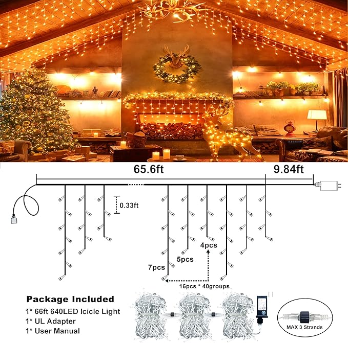 Christmas Icicle Lights Outdoor, 66ft 640 LED Icicle Lights for Outside with 8 Modes Timers, Waterproof Plug in Twinkle String Light for House Yard Eave Patio Party Holiday Decorations, Orange-VerdiqueGarden