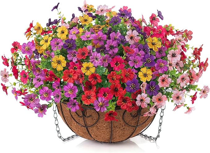 Artificial Fake Hanging Plants Flowers with Basket Outdoor Decor Faux Silk Dasiy Flower Arrangements in Pot Planter for Porch Home Indoor Patio Garden Yard Decoration-VerdiqueGarden