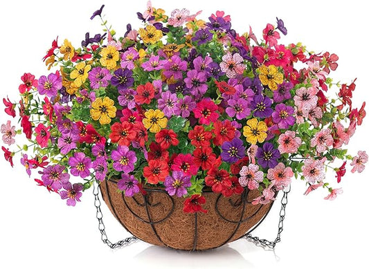 Artificial Fake Hanging Plants Flowers with Basket Outdoor Decor Faux Silk Dasiy Flower Arrangements in Pot Planter for Porch Home Indoor Patio Garden Yard Decoration-VerdiqueGarden