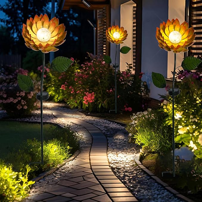 VCUTEKA Solar Garden Lights Metal Flower Decor Colorful Yellow Flowers Solar Pathway Light with LED Cracked Crystal Ball Outdoor Decorative Stake for Patio Yard Lawn-VerdiqueGarden