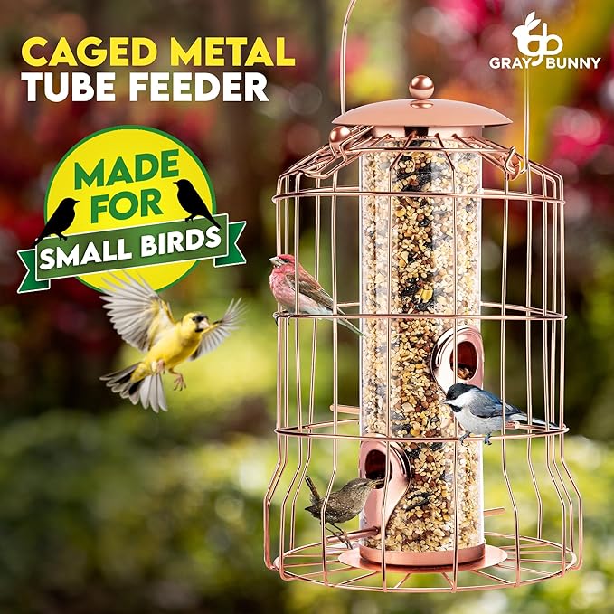 Squirrel Proof Bird Feeder for Outdoors Hanging (Metal Rose Gold) Bird Feeder with 4 Ports, Chew-Proof & Weather Resistant, Backyard Gift (10.25 x 6.25 x 6.25 inches)-VerdiqueGarden