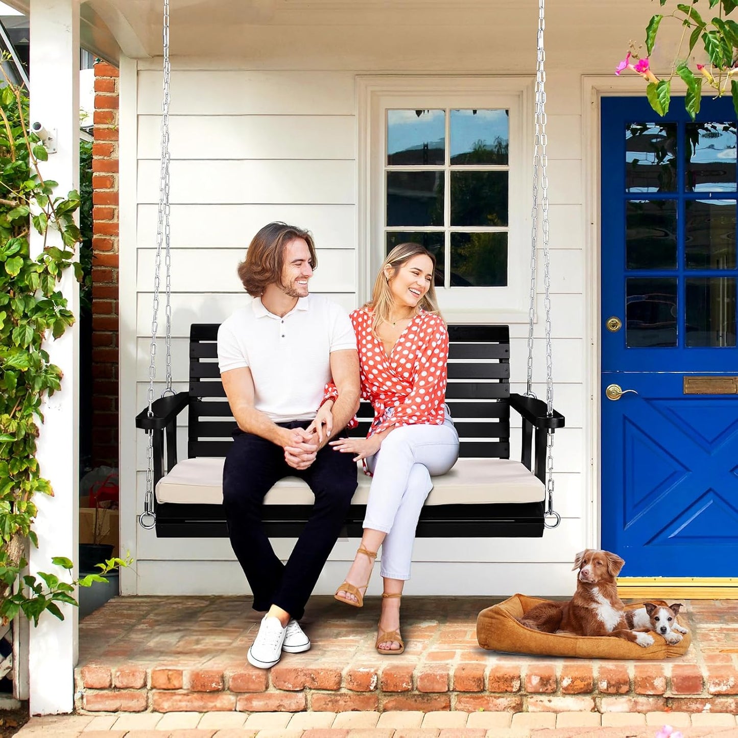 VINGLI Outdoor 4 FT Porch Swing, Heavy Duty 880 LBS Wooden Patio Swings with Cushions, Farmhouse Style Hanging Bench with Adjustable Chains for Yard | Garden | Lawn | Balcony, Black-VerdiqueGarden