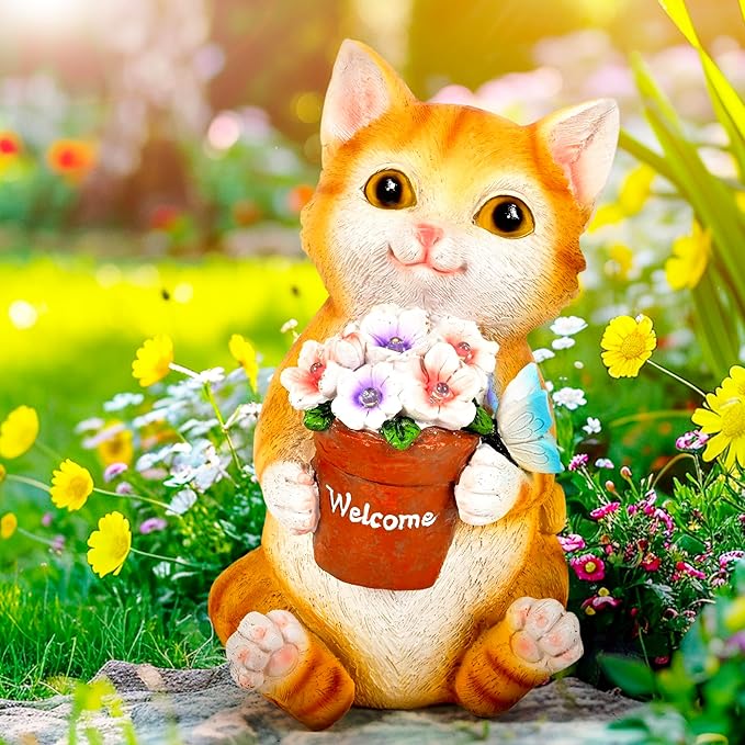 GIGALUMI Solar Garden Decor Flower Pot Cat Statues Outdoor, Birthday Gifts for Women, Gifts for Mom Grandma Senior Elder, Cat Ornament for Balcony, Garden, Patio, Yard, Lawn-VerdiqueGarden