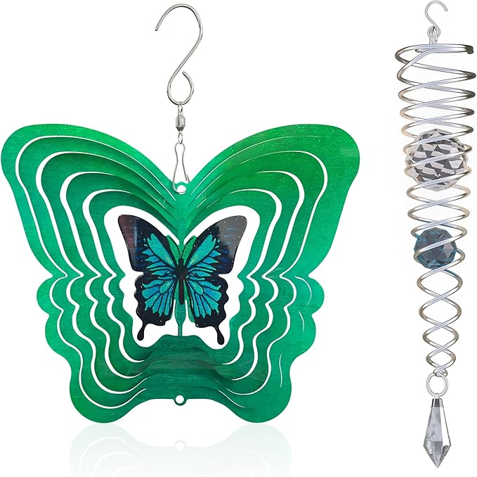 ISEO Butterfly Wind Spinner and Gazing Ball Set, Metal Wind Spinner Garden Decor, Hanging Garden Decorations, Weather-Resistant Outdoor Wind Spinners, 6.5" Spinner Garden Décor-VerdiqueGarden