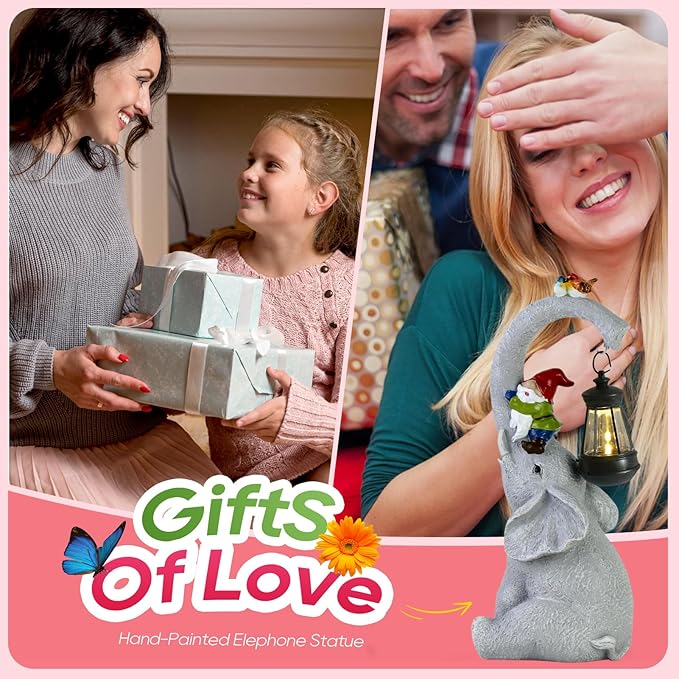 Elephant Statues Garden Decor - Lucky Elephant Outdoor Statues with Solar Powered Lantern, Elephant Statue Gifts for Women,Resin Yard Art for Outdoor & Home Decor(11" Elephant)-VerdiqueGarden