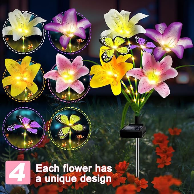 Solar Garden Lights Outdoor, 4 Pack Flower Lights for Outside, 16 Solar Lilies with Butterflies, Waterproof Garden Decor for Yard, Patio, Gifts for Women Mom (4 pcs Lilies)-VerdiqueGarden