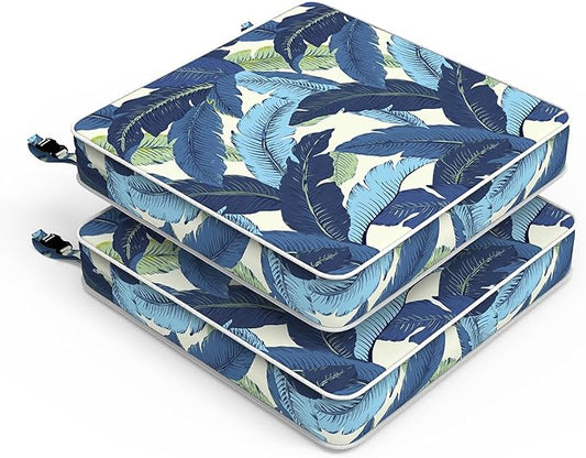 LVTXIII Patio Chair Cushions 22"x22"x3", Water-Repellent Outdoor Seat Cushions for Patio Furniture, Square Chair Pads with Ties for Home Garden Decoration, Set of 2, Swaying Palms Blue-VerdiqueGarden