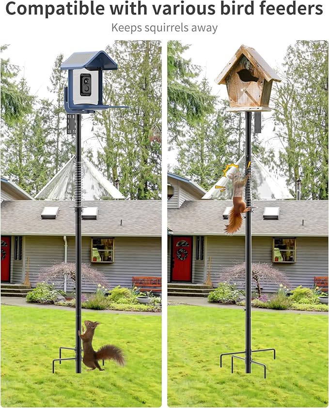 Bird Feeder Pole with Squirrel Baffle - 104 Inch Bird House Pole for Outdoors Heavy Duty, Squirrel Proof Baffle with Stainless Steel Spring for Better Defense, Slip-Fit Connection-VerdiqueGarden