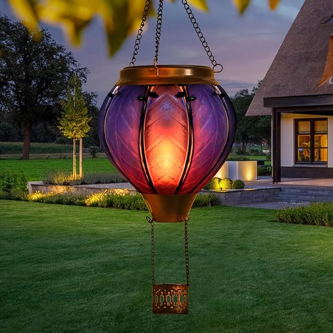 Hot Air Balloon Solar Lantern with Flickering Flame Hanging Solar Lights Outdoor Waterproof Lanterns for Garden Patio Yard Party Decoration Blue&Pink-VerdiqueGarden