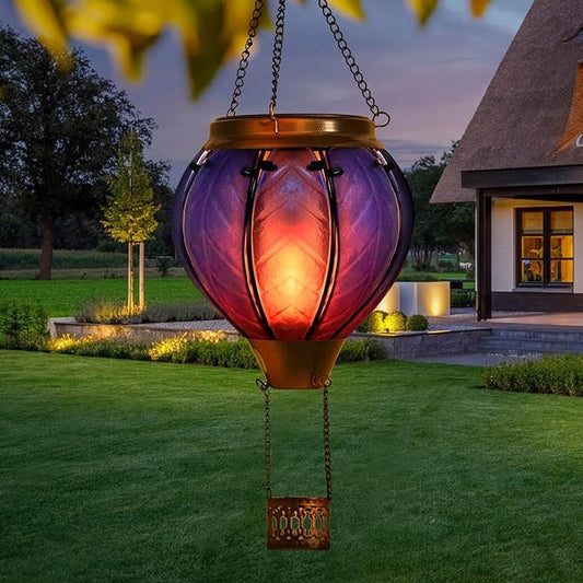 Hot Air Balloon Solar Lantern with Flickering Flame Hanging Solar Lights Outdoor Waterproof Lanterns for Garden Patio Yard Party Decoration Blue&Pink-VerdiqueGarden