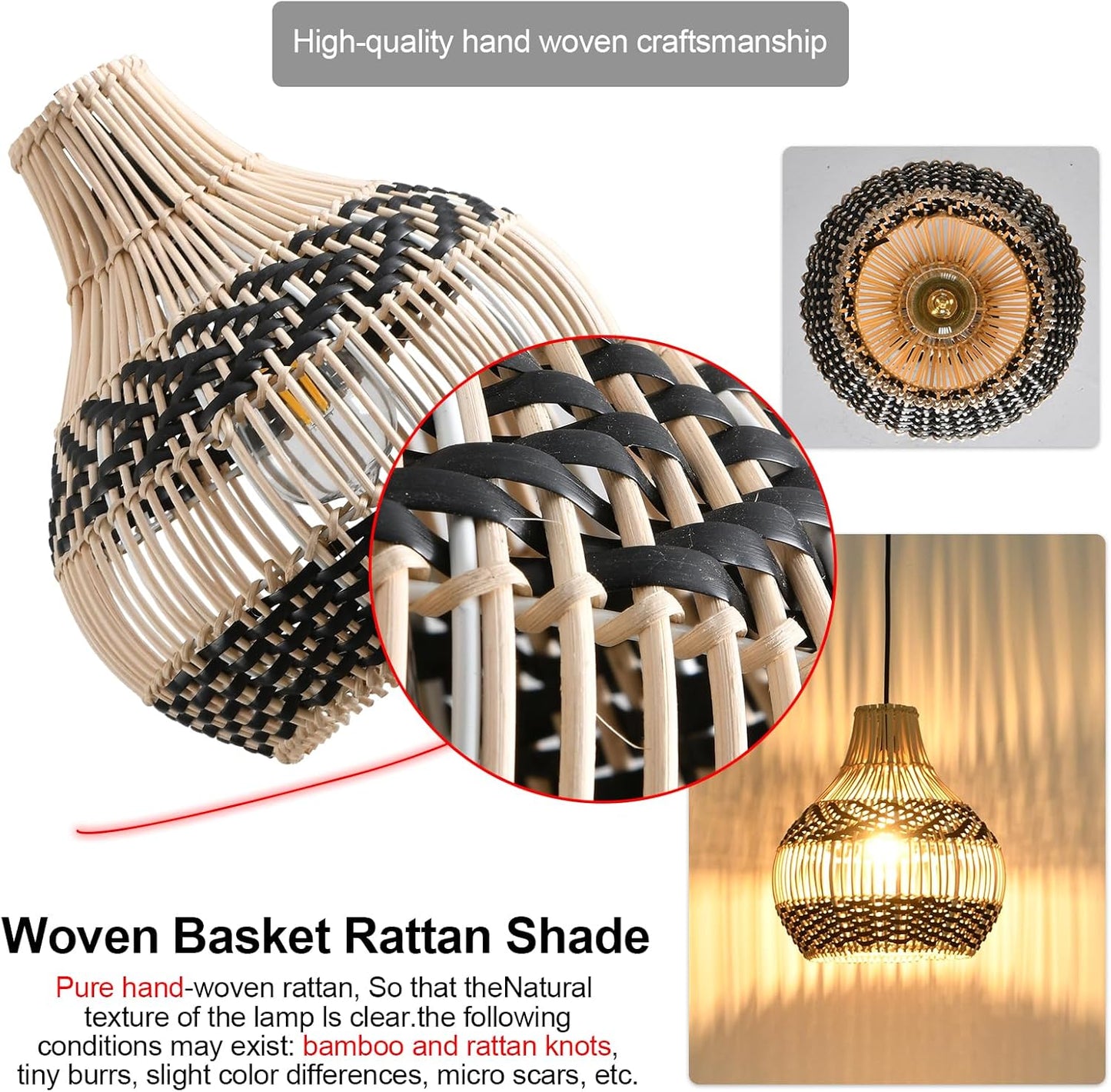 3-Pack Fax Rattan Pendant Light Fixture Mini Hand-Woven Black White Rattan Chandelier 10.24" Boho Wicker Hanging Lamp for Dining Living Bedroom Kitchen Farmhouse-VerdiqueGarden