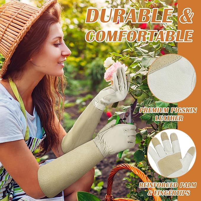 HANDLANDY Pruning Gloves Long for Men & Women, Pigskin Leather Rose Gardening Gloves- Breathable & Durability Gauntlet Glove (Small, Beige)-VerdiqueGarden