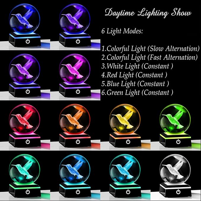 Qianwei 3D Crystal Ball Hummingbird Gift - 3.14'' 80mm Laser Decor Glass Animal Figurine Statue for Room Decorations With Night Light-VerdiqueGarden