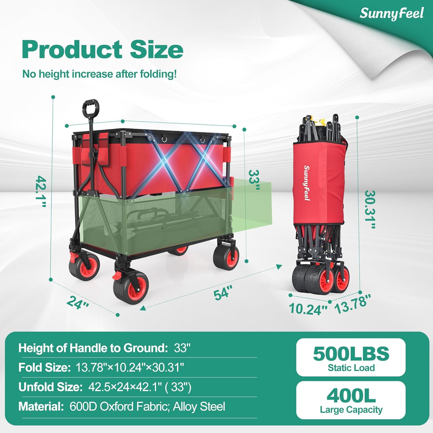 SUNNYFEEL Heavy Duty Collapsible Outdoor Utility Wagon Cart 500LB Capacity Adjustable Handlebar,Foldable Beach Wheels Stable Durable Oxford Fabric for Shopping Garden Camping (Red, Double Deck)-VerdiqueGarden