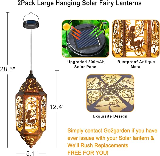 Go2garden 12.4" Outdoor Solar Lanterns Waterproof Garden Gifts Women, Moon Fairy Statue Solar Haning Lights for Patio, Yard Decorations, Mothers Day Gifts for Mom, Grandma(2Pack, Red Copper)-VerdiqueGarden