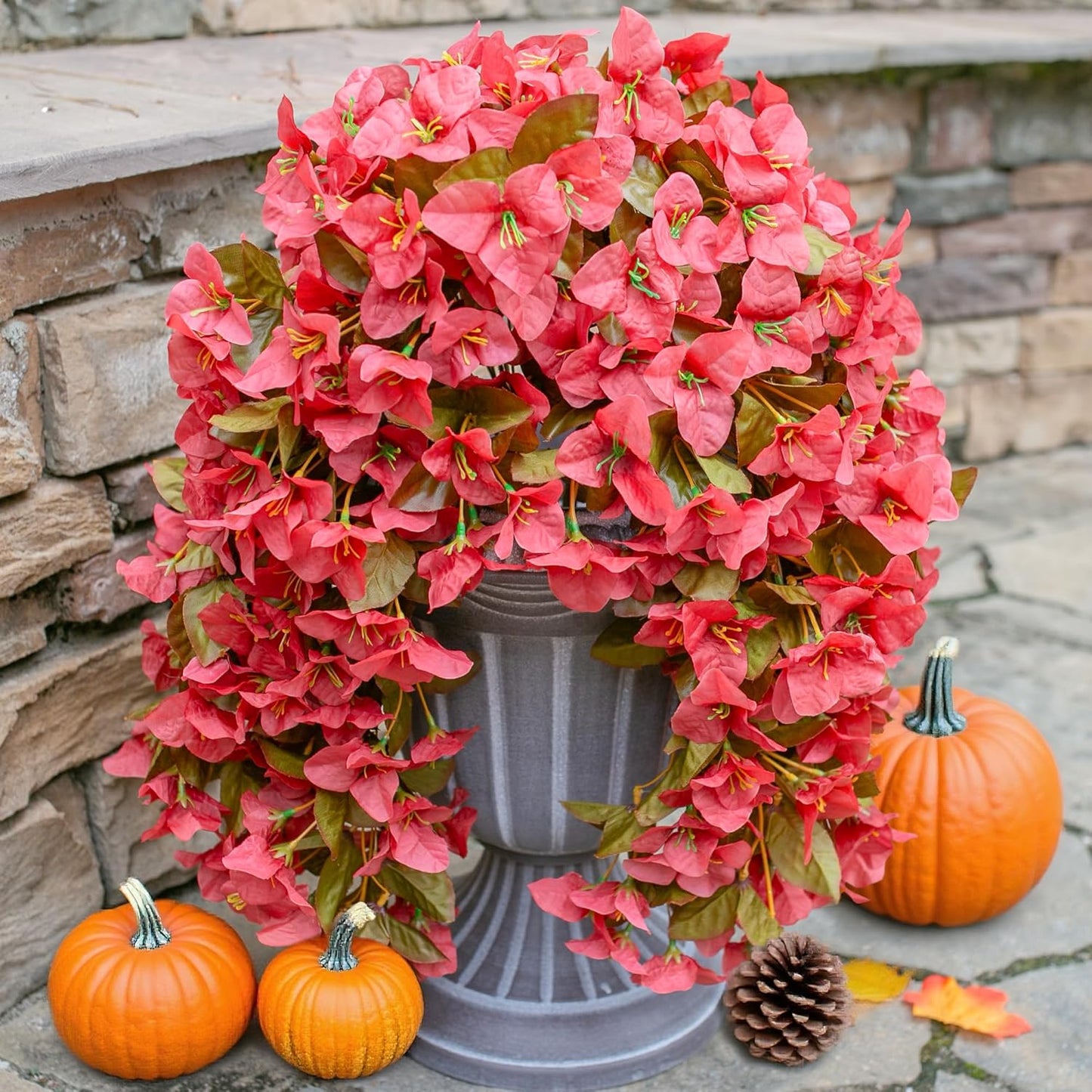 Bougainvillea Artificial Fall Hanging Flowers Plants for Outdoors Autumn Decoration, 2pcs Faux Bougainvillea Vines Red Fake Flowers Realistic UV Resistant Silk Flowers for Outside Planter Yard Home-VerdiqueGarden