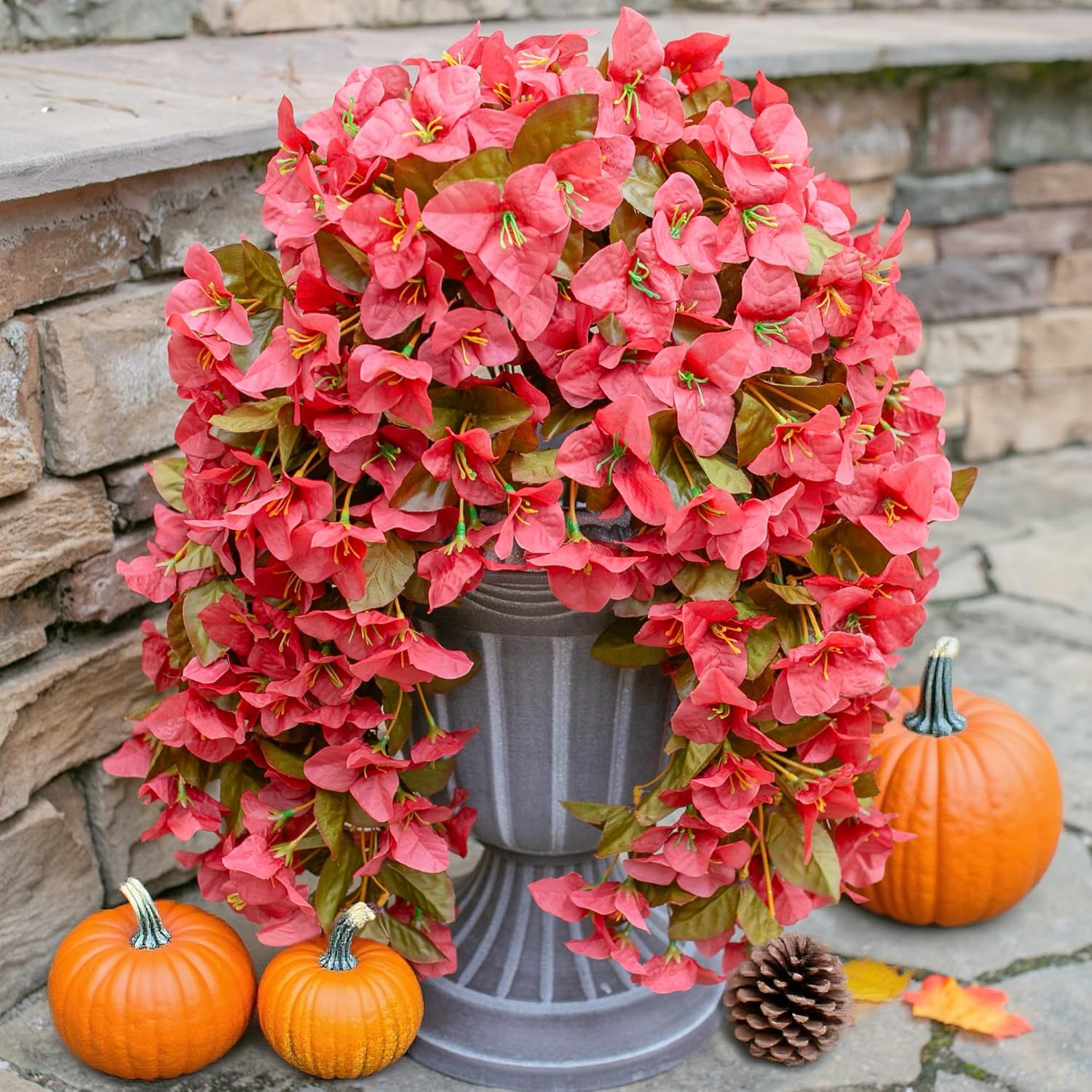 Bougainvillea Artificial Fall Hanging Flowers Plants for Outdoors Autumn Decoration, 2pcs Faux Bougainvillea Vines Red Fake Flowers Realistic UV Resistant Silk Flowers for Outside Planter Yard Home-VerdiqueGarden