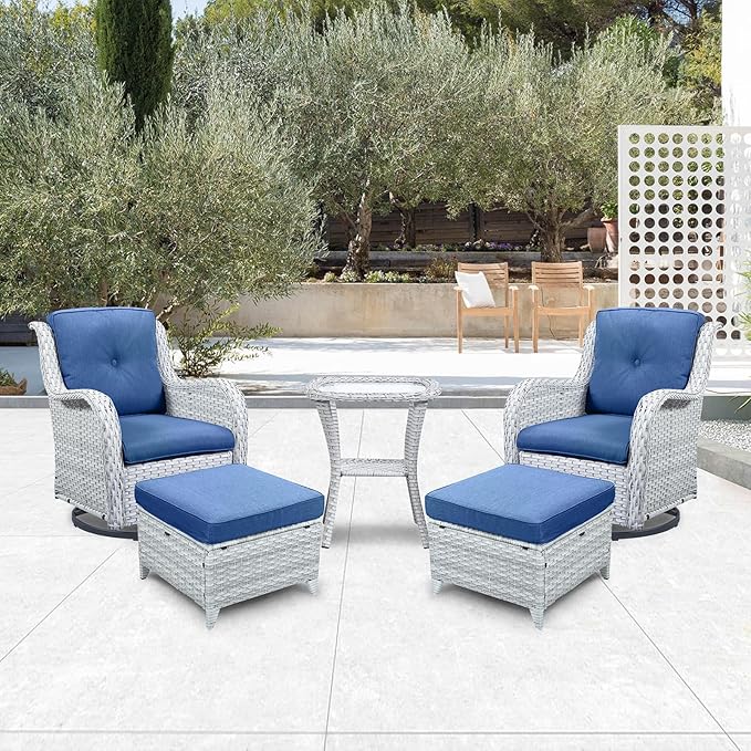 Outdoor Swivel Rocker Furniture 5 Pieces Patio Wicker Furniture Sets, Rattan Patio Swivel Glider Chairs with 2 Ottoman and Glass Side Table-VerdiqueGarden