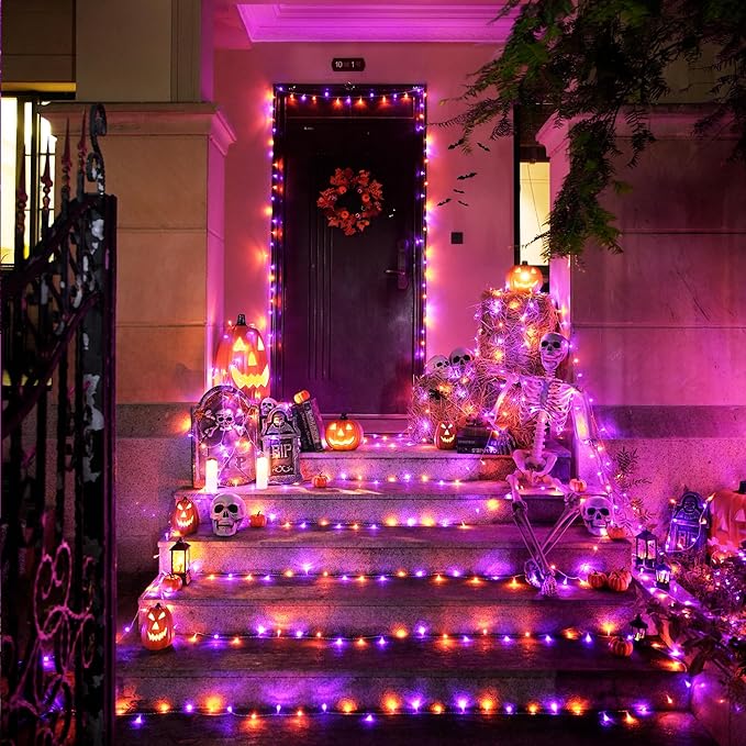 JMEXSUSS 33 FT 100 LED Halloween String Lights Indoor, Orange and Purple Halloween Lights Clear Wire, 8 Modes Outdoor Waterproof Christmas String Light Plug in-VerdiqueGarden