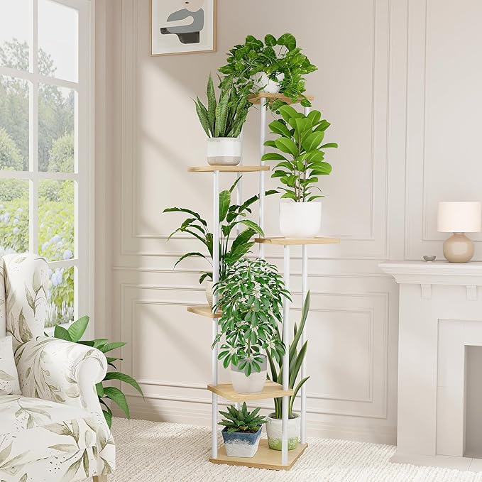 Bamworld Tall Plant Stand Indoor, 6 Tier Metal Plant Shelf for Multiple Plants, Corner Tiered Flower Stand for Patio Garden Balcony Living Room Bedroom(White)-VerdiqueGarden