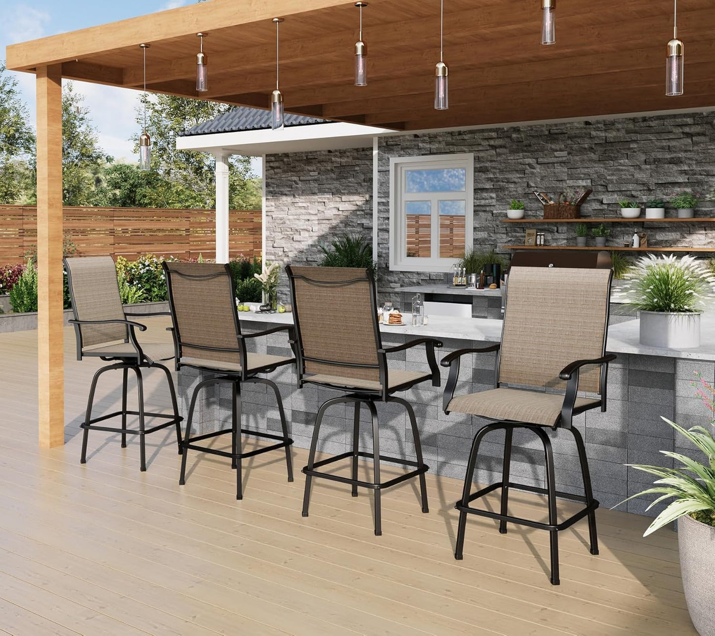 PHI VILLA Outdoor Bar Stools Set of 4, Swivel Patio Bar Stools & Chairs with 30" Seat Height & Brown Textilene Backrest, Tall Outdoor Chairs Bar Funiture for Outside, Porch and Yard-VerdiqueGarden