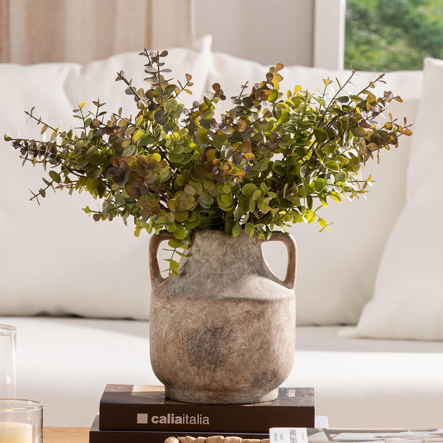 Mitt&Ditt Ceramic Flower Vase with Handles, 8 inch Tall Off-White Vase, Decorative Terracotta Vases, Farmhouse Rustic Pottery Vases for Home Decor, Living Room, Table-VerdiqueGarden