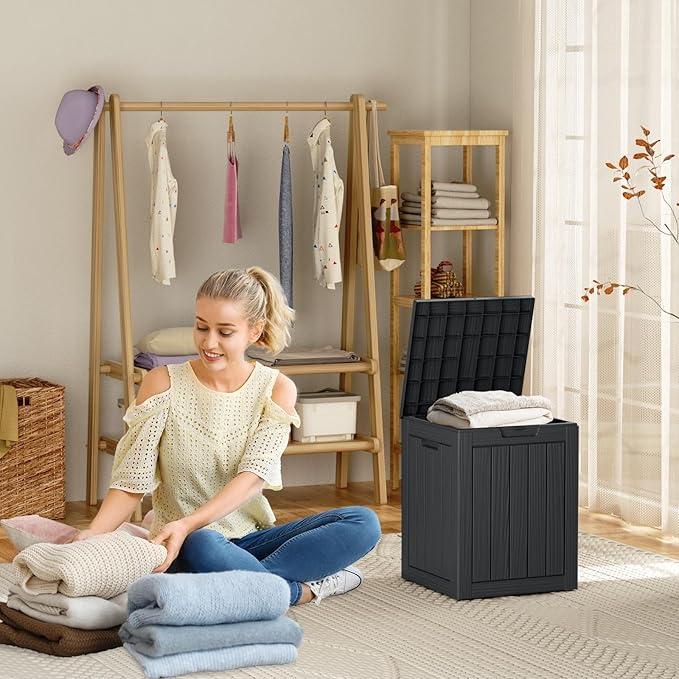 28 Gallon Outdoor Deck Box,Storage Lockable Waterproof Patio Furniture,Garden Tools,Cushions,Pool Accessories Outside Storage Resin Box(SM Black)-VerdiqueGarden