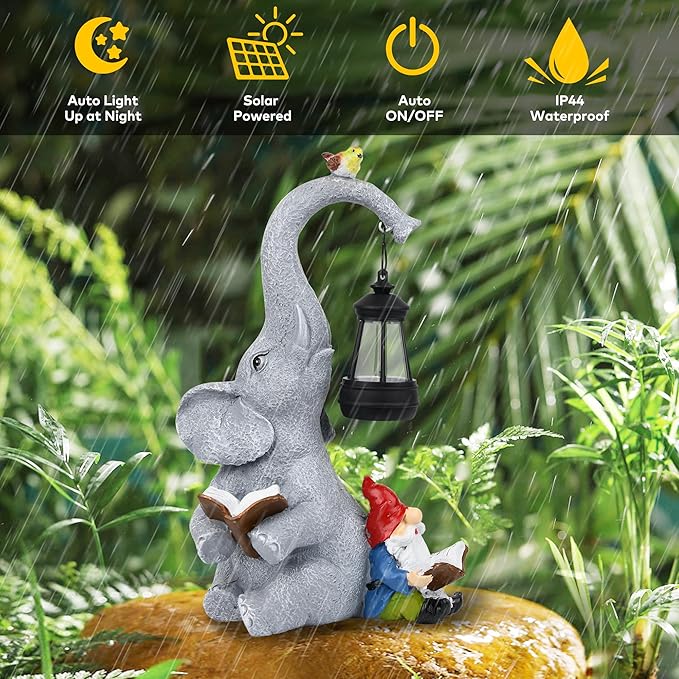 Solar Outdoor Garden Statues Lights, Elephant Figurines with Cute Gnome Garden Sculpture Decor, Luck Elephant Gifts for Woman Mother or Daughter, Unique Housewarming Gifts and Yard Decor-VerdiqueGarden