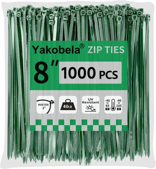 Green Zip Ties 8", 1000 Pack, Cable Ties UV Resistant, Wire Ties 40 lbs Tensile Strength for Garden, Plants, Fence, Holiday Lights, Yakobela-VerdiqueGarden