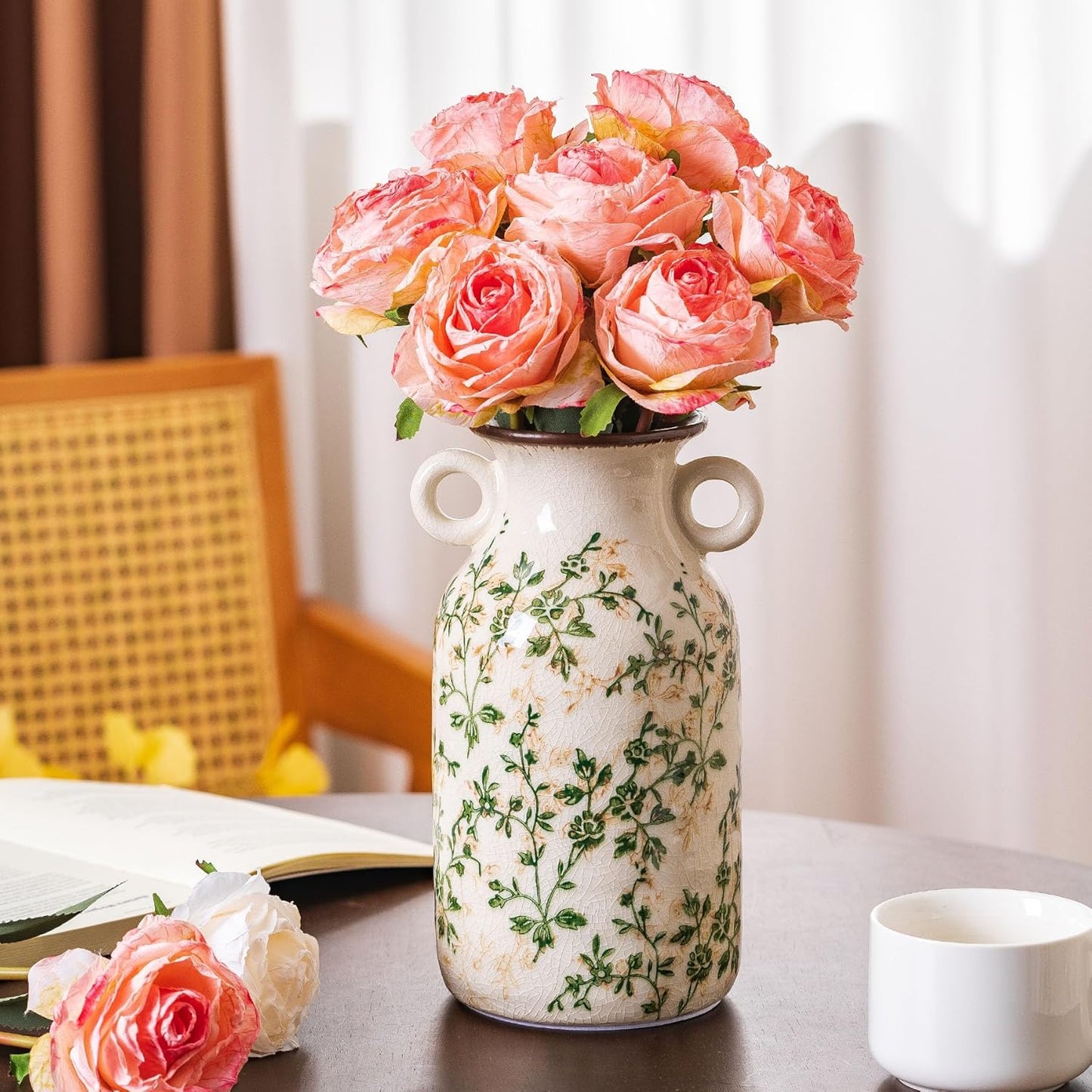 Vintage Pastoral Vase with Handles, Green and Beige Retro Ceramic Flower Vase, Rustic Farmhouse Vases Chinoiserie Floral Large Vase for Home Decor, Living Room, Kitchen, Bedroom and Shelf 9.1 Inch-VerdiqueGarden