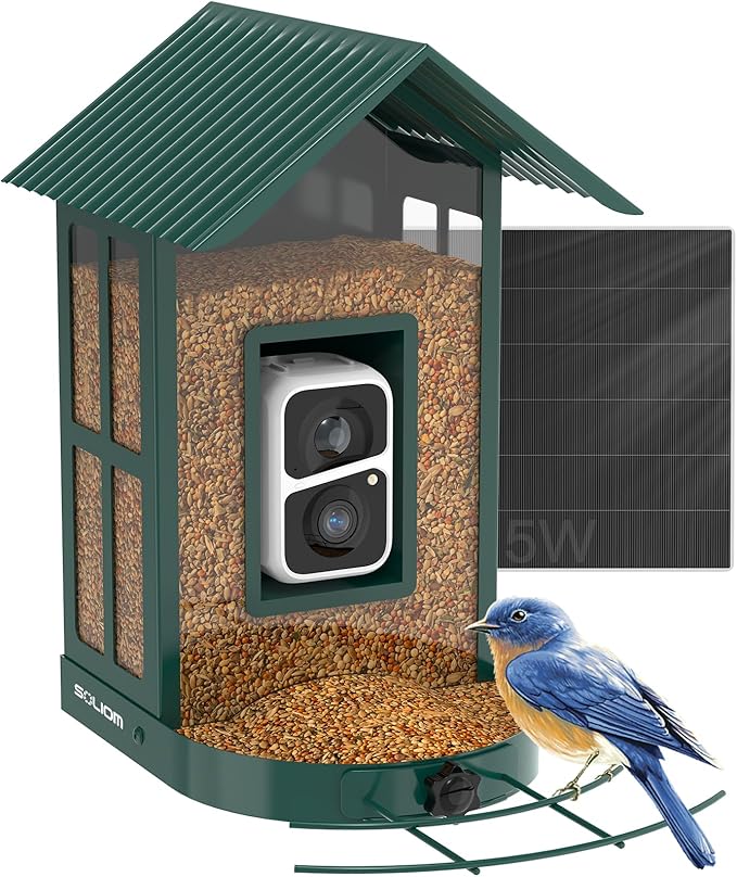 Soliom- Bird Feeder with Camera, 5W Solar Powered, AI Identify Species, Smart Wild Bird Watching, 2K Live View, Instant Arrival Alerts,Large 2.7L Seed Capacity, Metal Squirrel Chew-Proof - BF08 Green-VerdiqueGarden