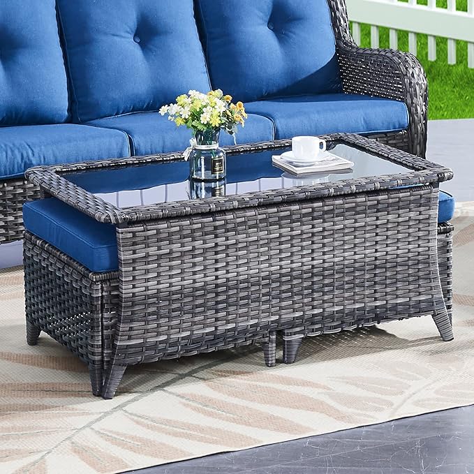 Wicker Outdoor Furniture Patio Furniture Set - 6 Piece Patio Conversation Set with Swivel Rocker Chairs, Loveseat Sofa, Ottomans and Coffee Table, Blue Cushion-VerdiqueGarden