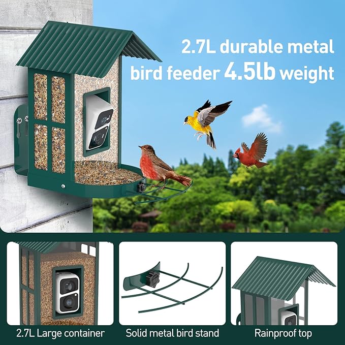 Soliom- Bird Feeder with Camera, 5W Solar Powered, AI Identify Species, Smart Wild Bird Watching, 2K Live View, Instant Arrival Alerts,Large 2.7L Seed Capacity, Metal Squirrel Chew-Proof - BF08 Green-VerdiqueGarden