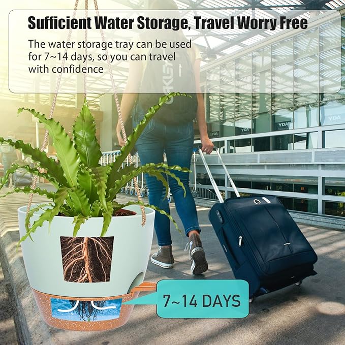 10 Inch Self Watering Hanging Pots, 2 Pack Hanging Planters with 40oZ Deep Reservior for Indoor Outdoor Plants Flowers, Green with Brown-VerdiqueGarden