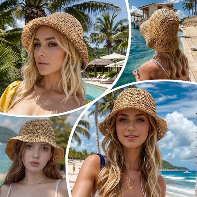Floppy Big Beach Straw Hats for Women Foldable Summer Wide Brim Packable Sun Hat Womens Travel Straw Fedora Hat-VerdiqueGarden