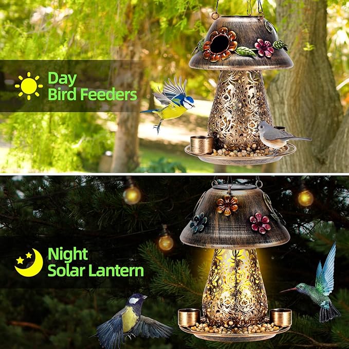 Mushroom Solar Bird Feeders for Outdoors Hanging Metal Wild Bird Feeder Garden Lantern with S Hook for Garden Decoration Brown-VerdiqueGarden