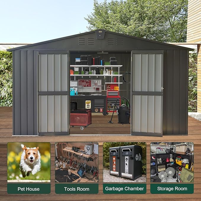 Domi Outdoor Storage Shed 11' x 12.5', Metal Sheds Steel Utility Tool Storage House with Double Lockable Doors & Air Vents for Patio Garden Lawn Backyard, Dark Gray-VerdiqueGarden