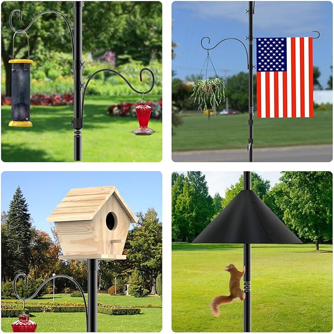 Bird Feeder Pole 118 Inch, Hummingbird House Mount Kit With Squirrel Proof Baffle, Double Shepherds Hooks for Outdoor, Yard, Garden Decor, Black (House Not Included)-VerdiqueGarden