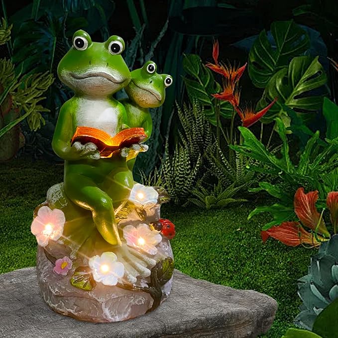 Frog Garden Statue,Frog Garden Decor,Solar Frog Statue Sitting on a Stone Reading a Book with 5 LEDs for Lawn Patio Yard Porch Decoration, Outdoor Garden Decor, yijiayi-008-VerdiqueGarden