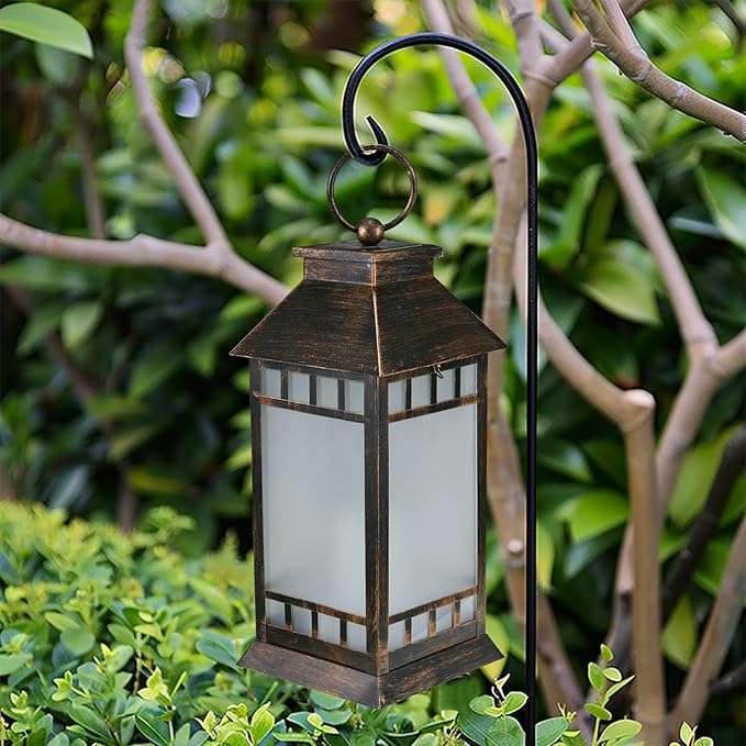 18'' Glass Solar Lantern Outdoor Waterproof, Large Hanging Solar Lanterns with Flickering Flame Lights, Metal Outdoor Lantern Decorative for Patio Garden Backyard Tabletop, Vintage Bronze-VerdiqueGarden