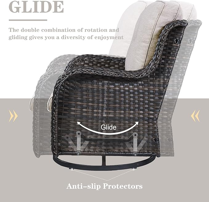 5 Piece Outdoor Patio Furniture Set - Wicker Furniture Patio Conversation Set, Outdoor Swivel Rocker Chairs with Loveseat Sofa and 2 Ottomans for Small Space, Beige Cushion-VerdiqueGarden