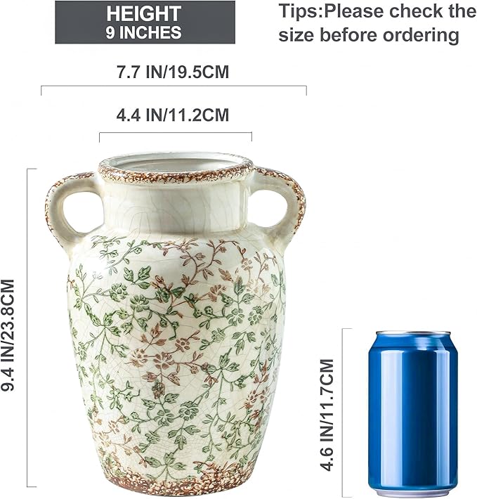 Enra Farmhouse Vintage vase with Handle,9.4 in Ceramic Chinoiserie Floral Vase,Green and Beige Decorative Flower vase,Large Rustic Vases for Home Decors, Living Room, Bookshelf, Office-VerdiqueGarden