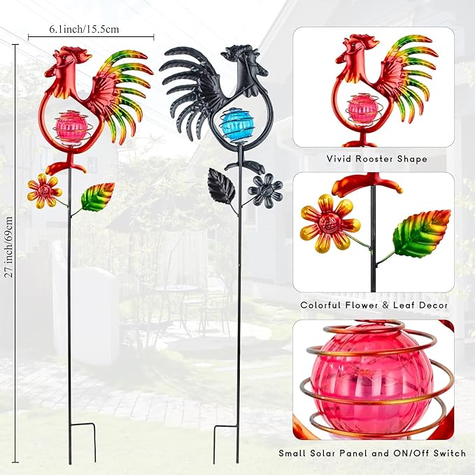 Rooster Solar Garden Lights, 2 Pack Metal Solar Stake Light, 27" H Outdoor Chicken Statues Figurine Lights for Spring Garden Lawn Patio Yard Decoration-VerdiqueGarden