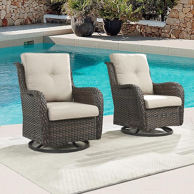 Outdoor Patio Swivel Rocker Chairs - Wicker Rattan Patio Swivel Rocking Chairs Set of 2 with High Back,Deep Seating and Comfort Cushions for Deck Porch Garden,Brown/Beige-VerdiqueGarden