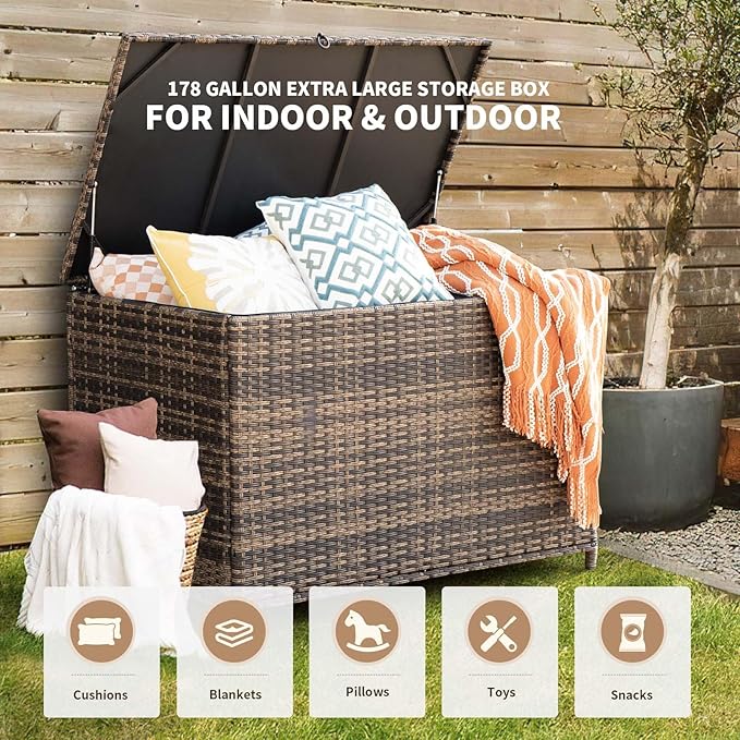 178 Gallon Outdoor Storage Box, Handle Large Portable Wicker Rattan Deck Box for Patio Furniture Cushions, Patio Deck Box with 2 WheelsThrow Pillows, Garden Tools and Pool Floats (Brown)-VerdiqueGarden